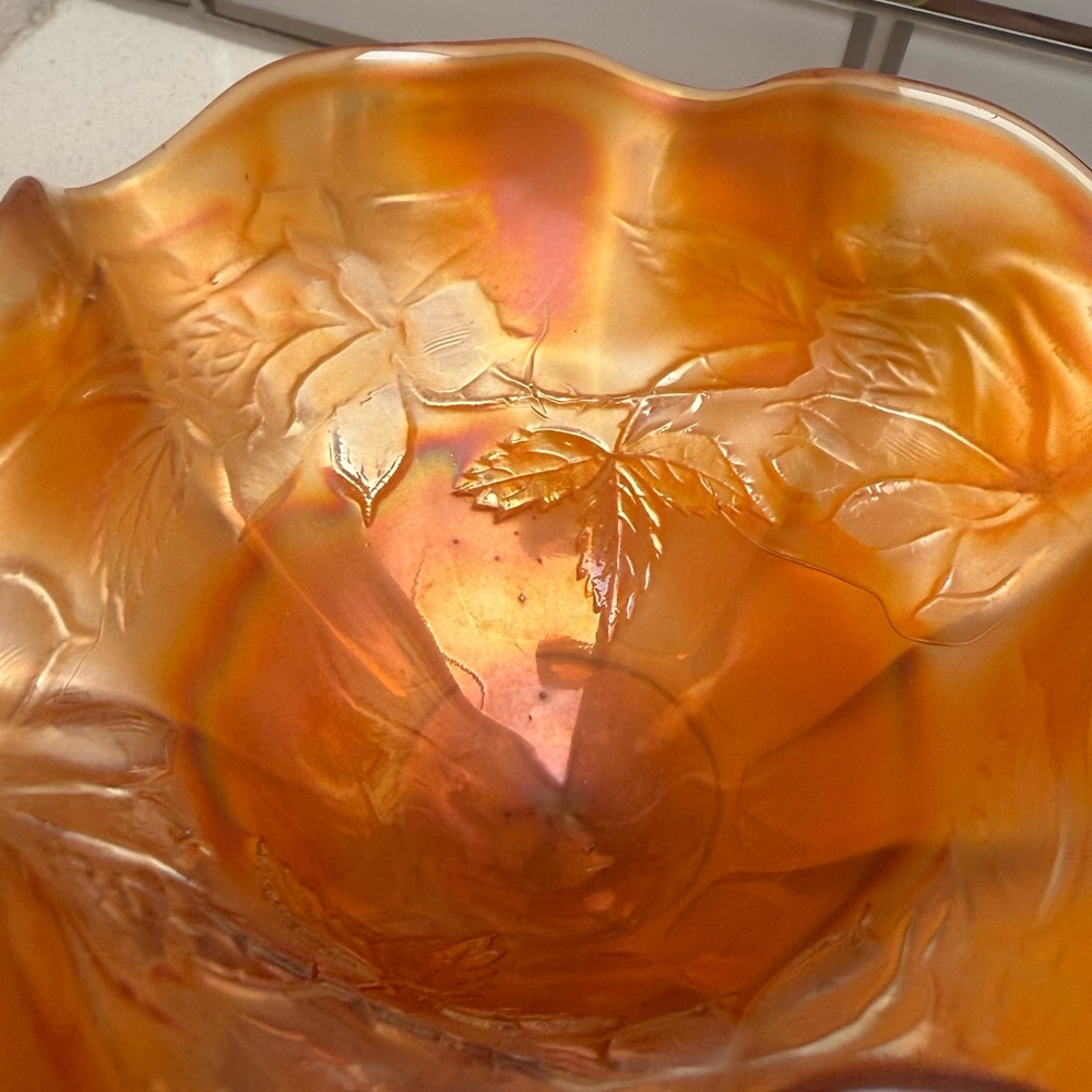 Vintage Carnival Glass Marigold Ruffled Edges Footed Bowl Iridescent Floral - Picture 6 of 17